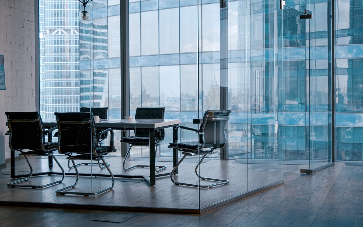 Meeting room at a commercial law firm, overlooking a city