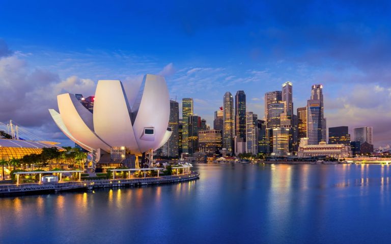 Singapore waterfront and skyline at blue hour