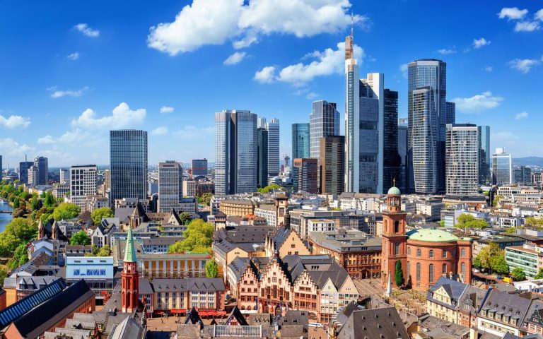 Frankfurt skyline and old town seen across the rooftops