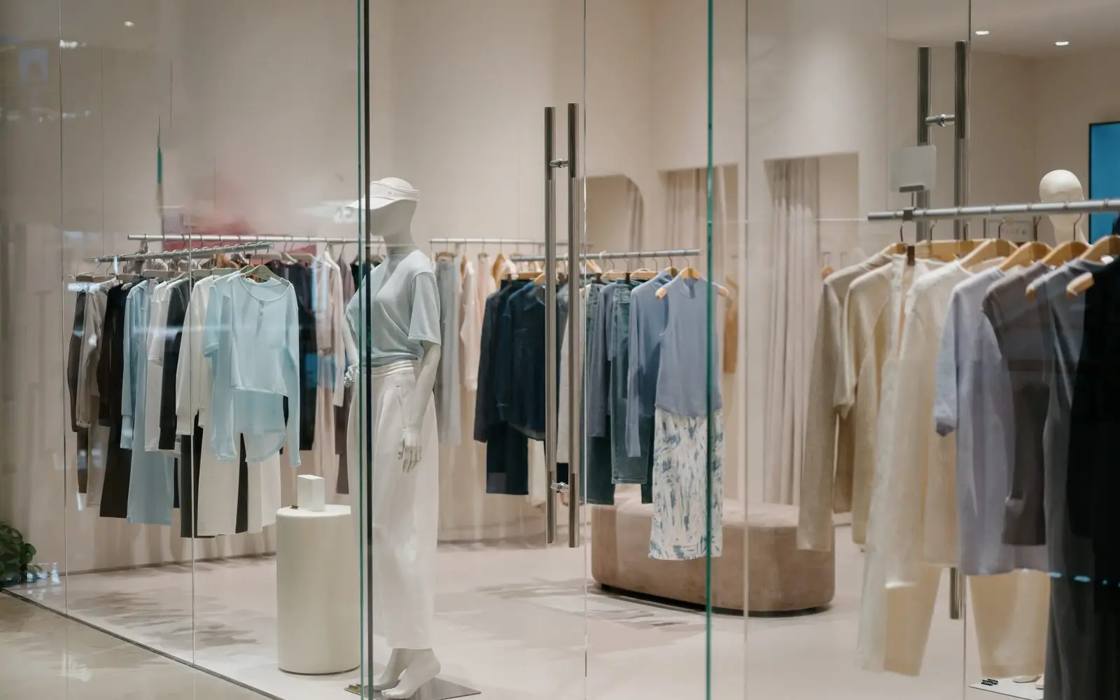 Fashion boutique interior with garment rails and mannequins