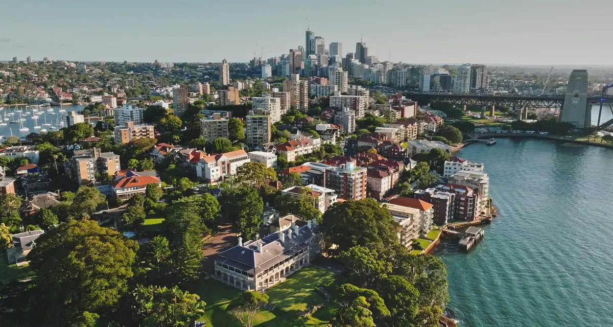 Sydney Harbour and the city from the air on a clear day