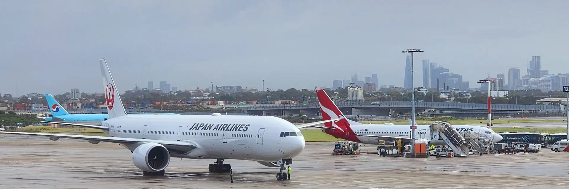 An aircraft on the apron at Sydney Airport with the city skyline behind