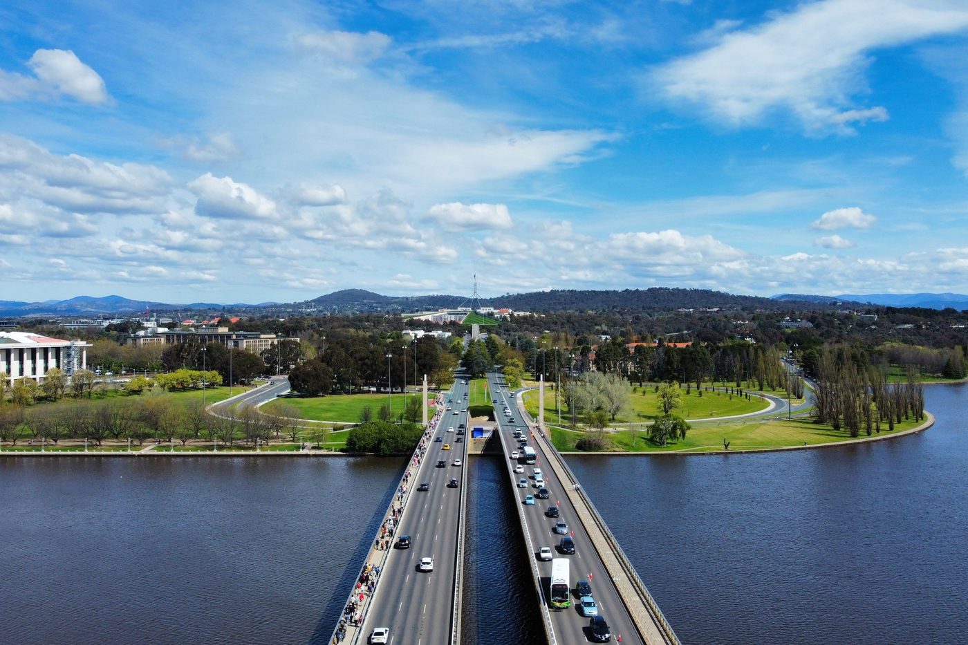 Commonwealth Avenue Bridge over Lake Burley Griffin in Canberra, with Parliament House beyond