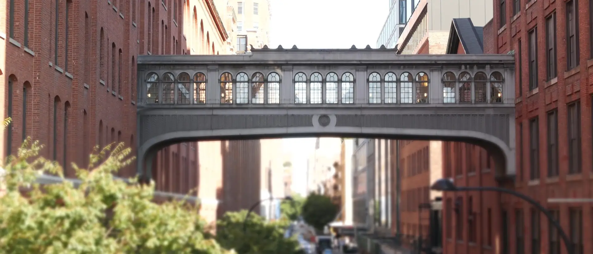 A skybridge joining two buildings, the structure a small business rollover preserves
