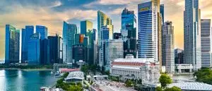 Singapore's commercial district at sunset, the seat and supervising court for many arbitrations